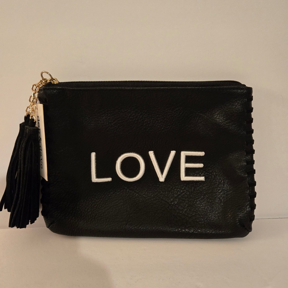 Deb & Dave Clutch Bag Womens Small Black New LOVE Graphic Tassel Pouch